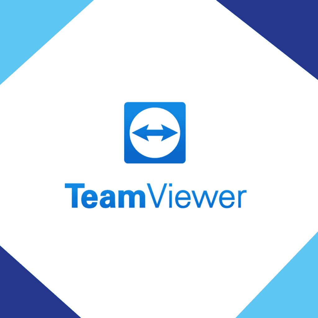 TeamViewer logo met een blauw vierkant met een witte cirkel en twee pijlen, boven de tekst "TeamViewer" op een witte achtergrond met blauwe hoekaccenten - ideaal voor cyberbeveiliging en beveiligingsbewaking.