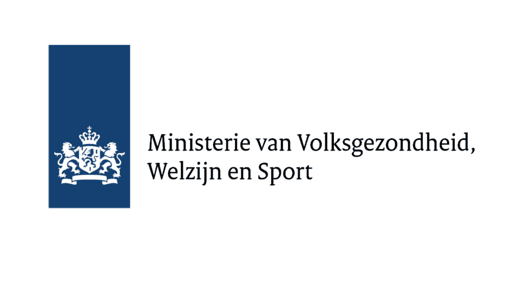 Logo van het Nederlandse ministerie van Volksgezondheid, Welzijn en Sport, met een blauwe rechthoek met een wit Nederlands wapenschild en de naam van het ministerie in het Nederlands, waaruit de inzet voor cyberveiligheid en openbare veiligheid blijkt.