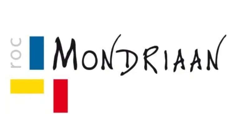 Logo met aan de linkerkant de tekst "roc Mondriaan" met blauwe, gele en rode geometrische vormen geïnspireerd op de kunststijl van Piet Mondriaan, die moderne gebieden als cyberbeveiliging en digitale forensische wetenschap weerspiegelen.