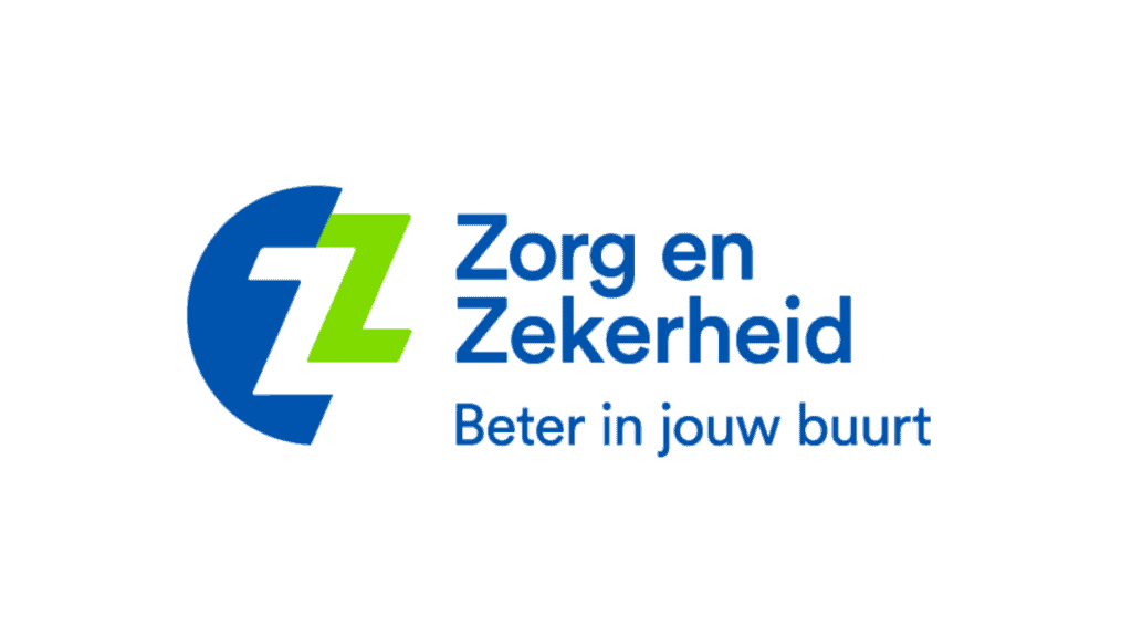 Logo van Zorg en Zekerheid met twee in elkaar grijpende "Z"-vormen in blauw en groen, de tagline "Beter in jouw buurt" eronder, symboliseert vertrouwensleutel voor onderwerpen als cyberbeveiliging en digitale forensics.