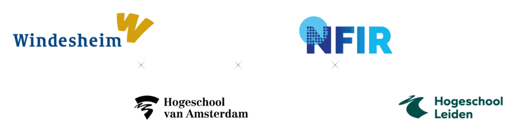 Vier logo's van Nederlandse hogescholen - Windesheim, NFIR, Hogeschool van Amsterdam en Hogeschool Leiden - staan op een rij op een witte achtergrond en stellen het CTF-evenement in 2026 voor.