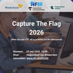 Studenten die aan computers werken, bekijken informatie over het evenement "Capture The Flag 2026" (CTF), georganiseerd door Windesheim, Hogeschool van Amsterdam, Hogeschool Leiden en NFIR - waarbij hogescholen samenkomen voor een spannende cyberbeveiligingsuitdaging.