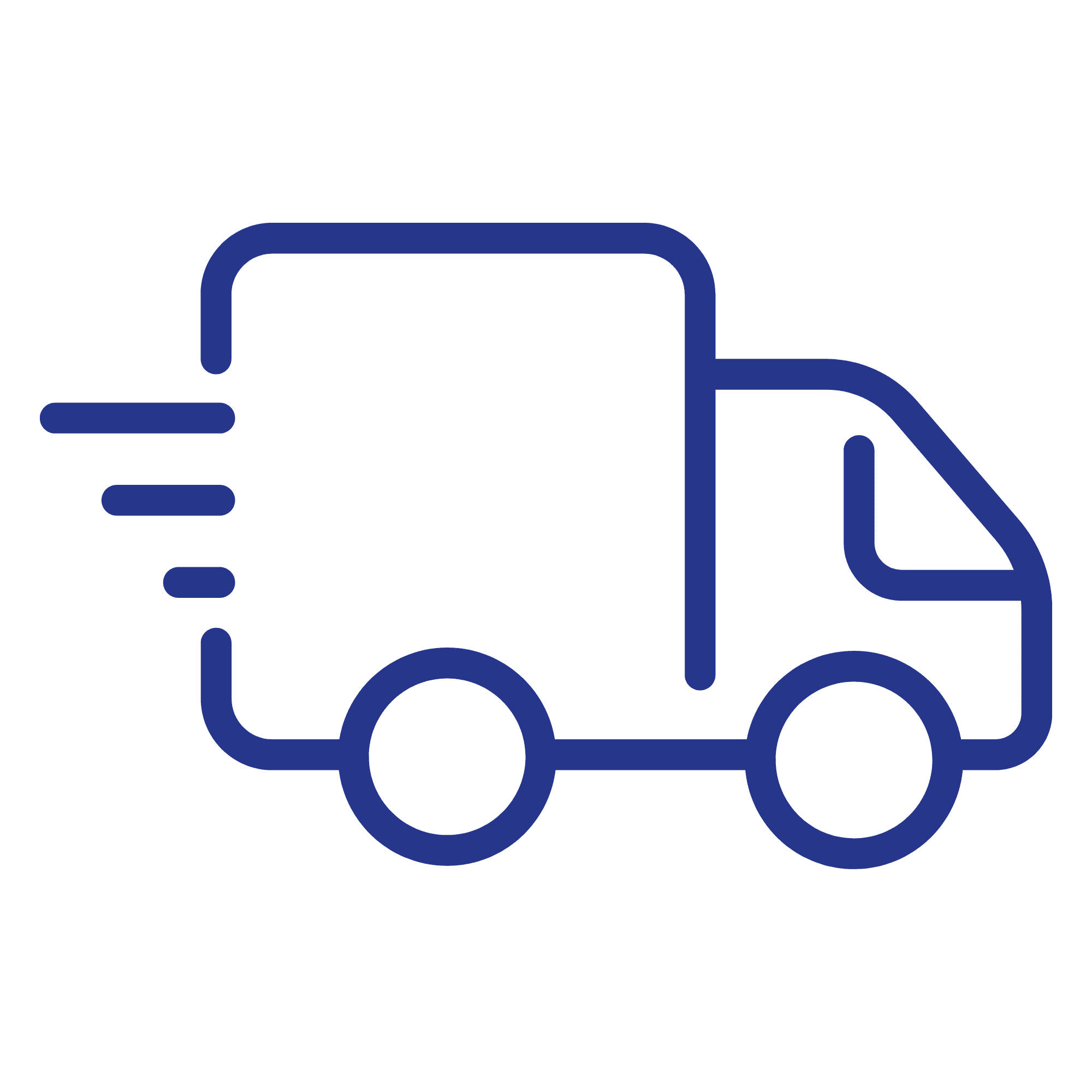 Eenvoudige blauwe lijntekening van een bestelwagen met bewegingslijnen erachter die snelheid of snelle levering aangeven, op een witte achtergrond.