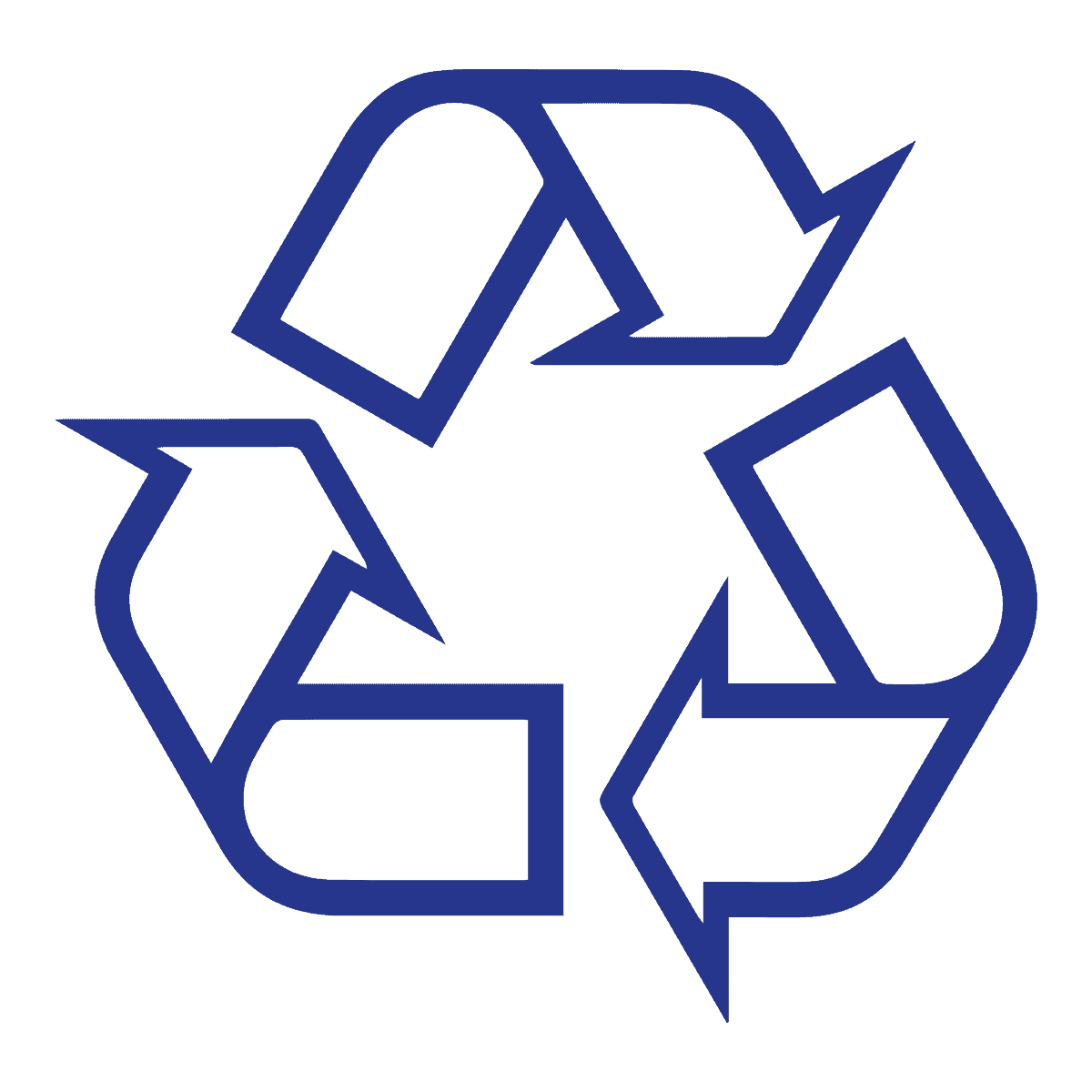 Blauw recyclingsymbool met drie pijlen die een driehoek vormen en het proces van recycling en duurzaamheid voorstellen.