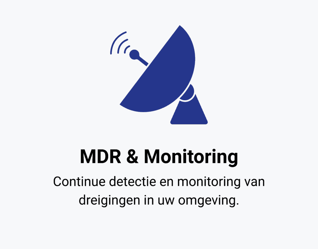 Een blauw schotelantenne-icoon boven de tekst "MDR & Monitoring. Continue detectie en monitoring van dreigingen in uw omgeving volgens NIS2 richtlijn." op een lichtgrijze achtergrond.