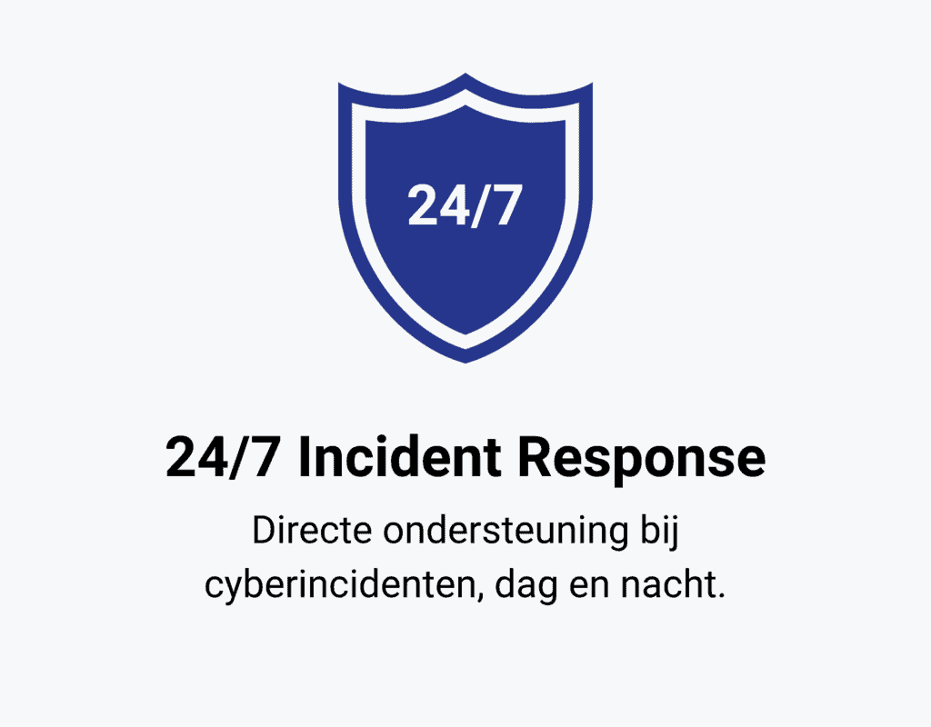 Een blauw schild icoon met "24/7" boven de tekst "24/7 Incident Response" en een Nederlandse zin over directe NIS2-ondersteuning bij cyberincidenten, dag en nacht, volgens de nieuwste wetgeving en richtlijn.