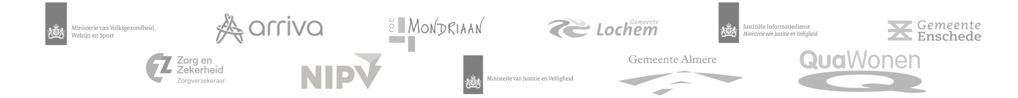 Een verzameling logo's in grijstinten voor verschillende Nederlandse organisaties en bedrijven, waaronder die gespecialiseerd in Managed Detection and Response, gerangschikt in een raster op een witte achtergrond.